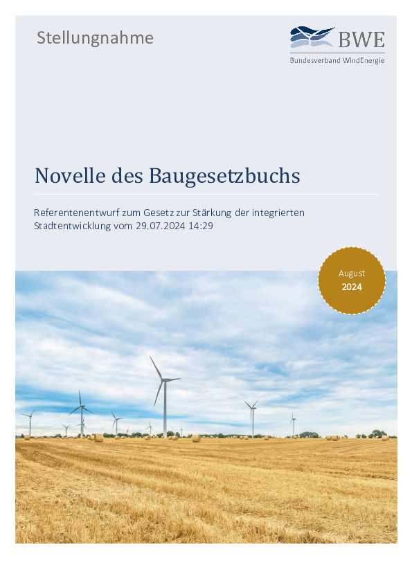 BWE-Stellungnahme zur Novelle des Baugesetzbuchs (08/2024)