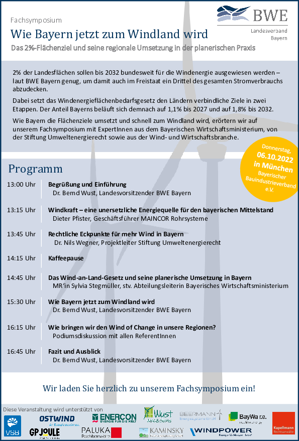 Flyer zum Fachsymposium "Wie Bayern jetzt zum Windland wird"