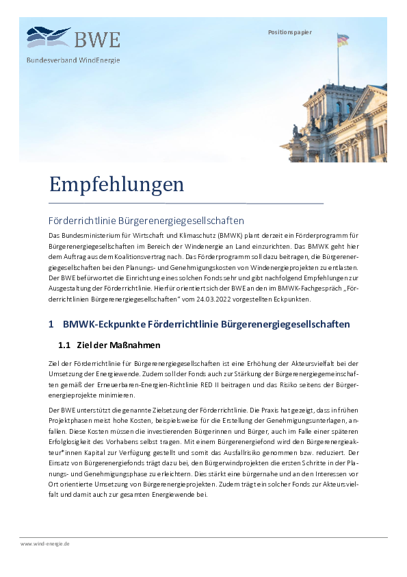 BWE-Positionspapier: Empfehlungen zur Förderrichtlinie Bürgerenergiegesellschaften (04/2022)